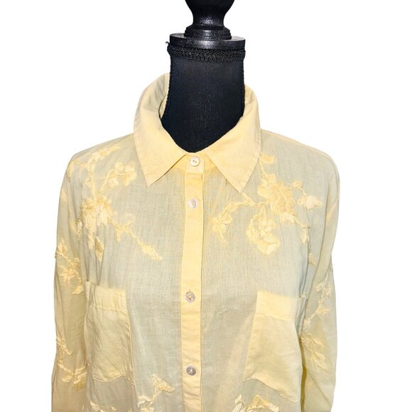 Kyla Seo Butter Yellow Embroidered Handmade 100% Cotton L/S S Button Down Shirt - Picture 3 of 10